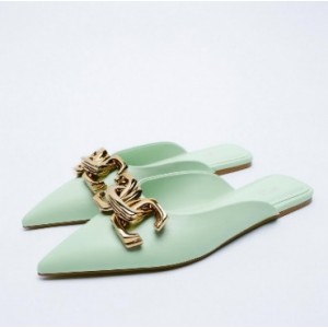Pointed head Metal Chain Women‘s Flats office ladies pumps flat comfortable loafers leather shoes ladies fashion beach sandal